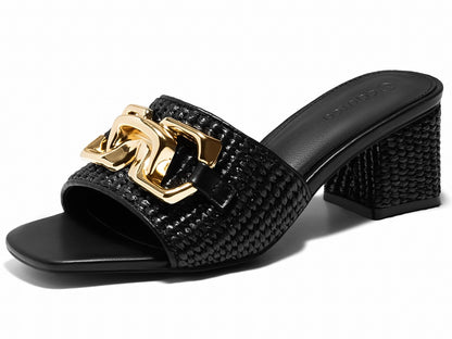Coutgo Womens Raffia Slide Sandals Chunky Block Heeled Square Open Toe Metal Chain Slip on Mules Dressy Shoes