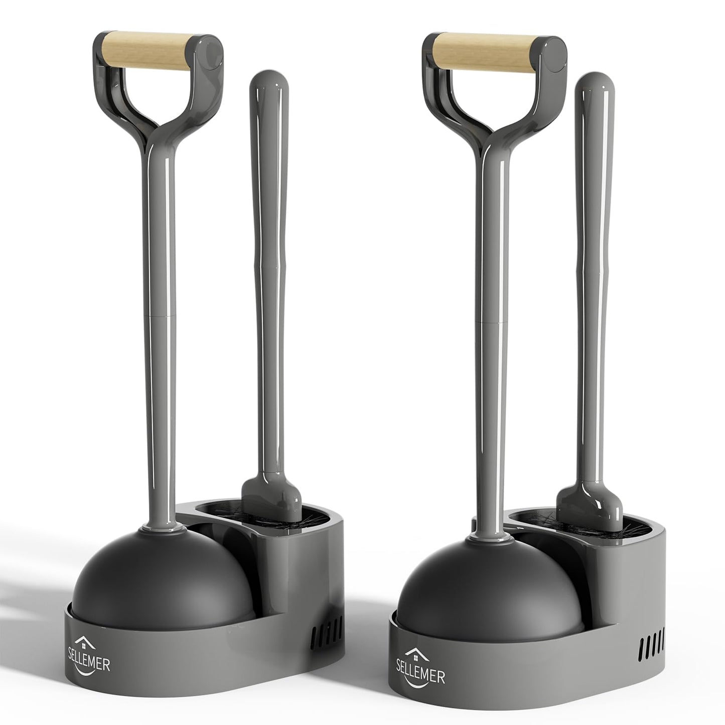 Sellemer Toilet Brush and Plunger Set, Curved Design Head for Deep Cleaning, Heavy Duty Toilet Bowl Brush and Plunger Combo with Holder for Bathroom Cleaning, Black, 2 Pack