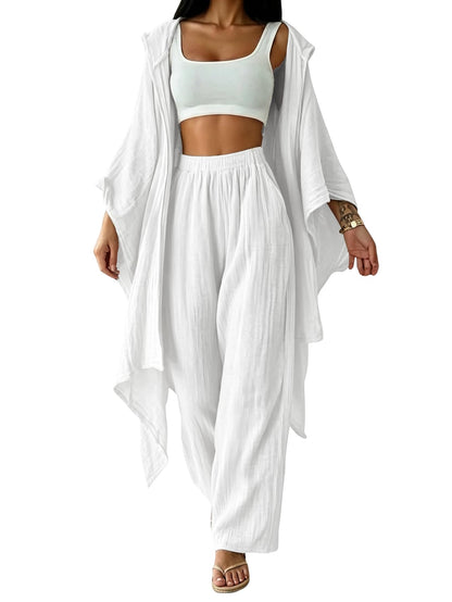 SOLY HUX Women's 2 Piece Linen Sets Hooded Kimono Cardigan High Waist Pants | Boho, Wide Leg, Elastic Waisted, Casual, Flowy, 2 Piece Outfits