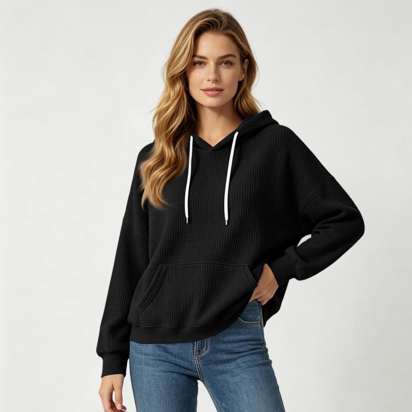 Women Casual Waffle Grid Textured Pullover Hoodie Contrast Drawstring Pocket Loose Long Sleeve Sweatshirts