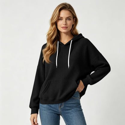 Women Casual Waffle Grid Textured Pullover Hoodie Contrast Drawstring Pocket Loose Long Sleeve Sweatshirts