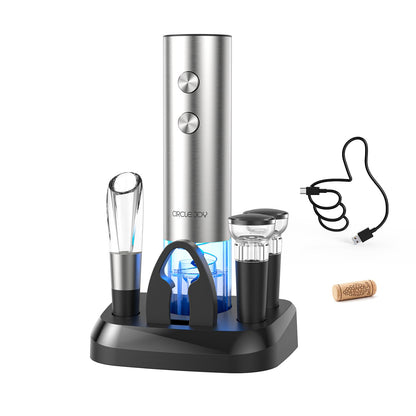 CIRCLE JOY Electric Wine Opener Rechargeable 5-in-1 Stainless Steel Wine Gift Set with Foil Cutter, Wine Aerator Pourer, Wine Drip Ring & Vacuum Stopper, Ideal Gifts for Wine Lovers, Silver