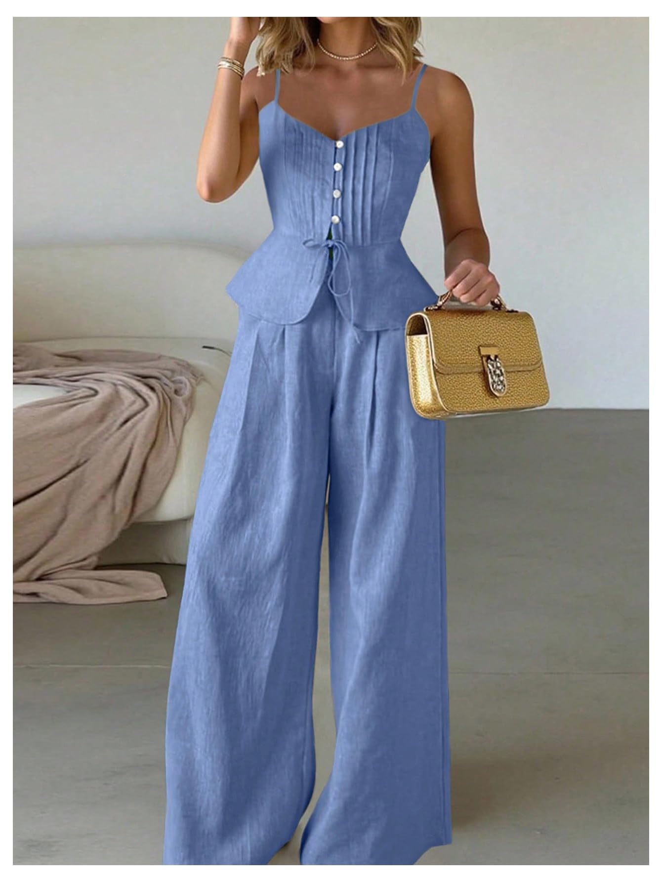 SOLY HUX Women's 2 Piece Summer Outfit Button Down Peplum Cami Top and Wide Leg Pants Set