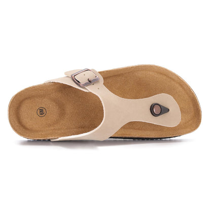 Cork Footbed Flip Flops for Women, Comfortable Beach Sigle Buckle Slip-On with Genuine Suede Footbed & Memory Foam Arch Support Flats Slides for Women Footwear