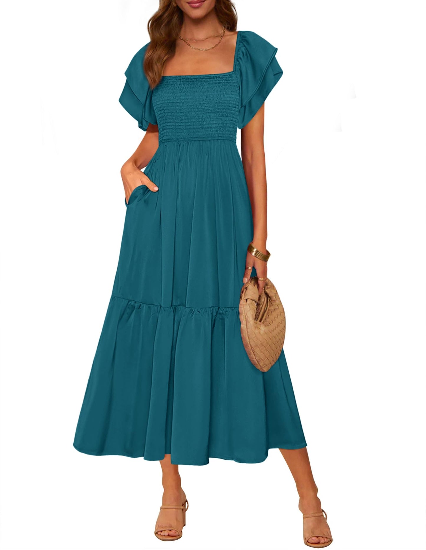 MASCOMODA Womens Summer Casual Midi Dress Square Neck Ruffle Short Sleeve Smocked High Waist A Line Wedding Guest Dresses