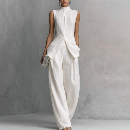 Linen Lounge sets for women, Stand Collar Sleeveless Top and Baggy Wide Leg Pants, Casual Business 2 Piece Set