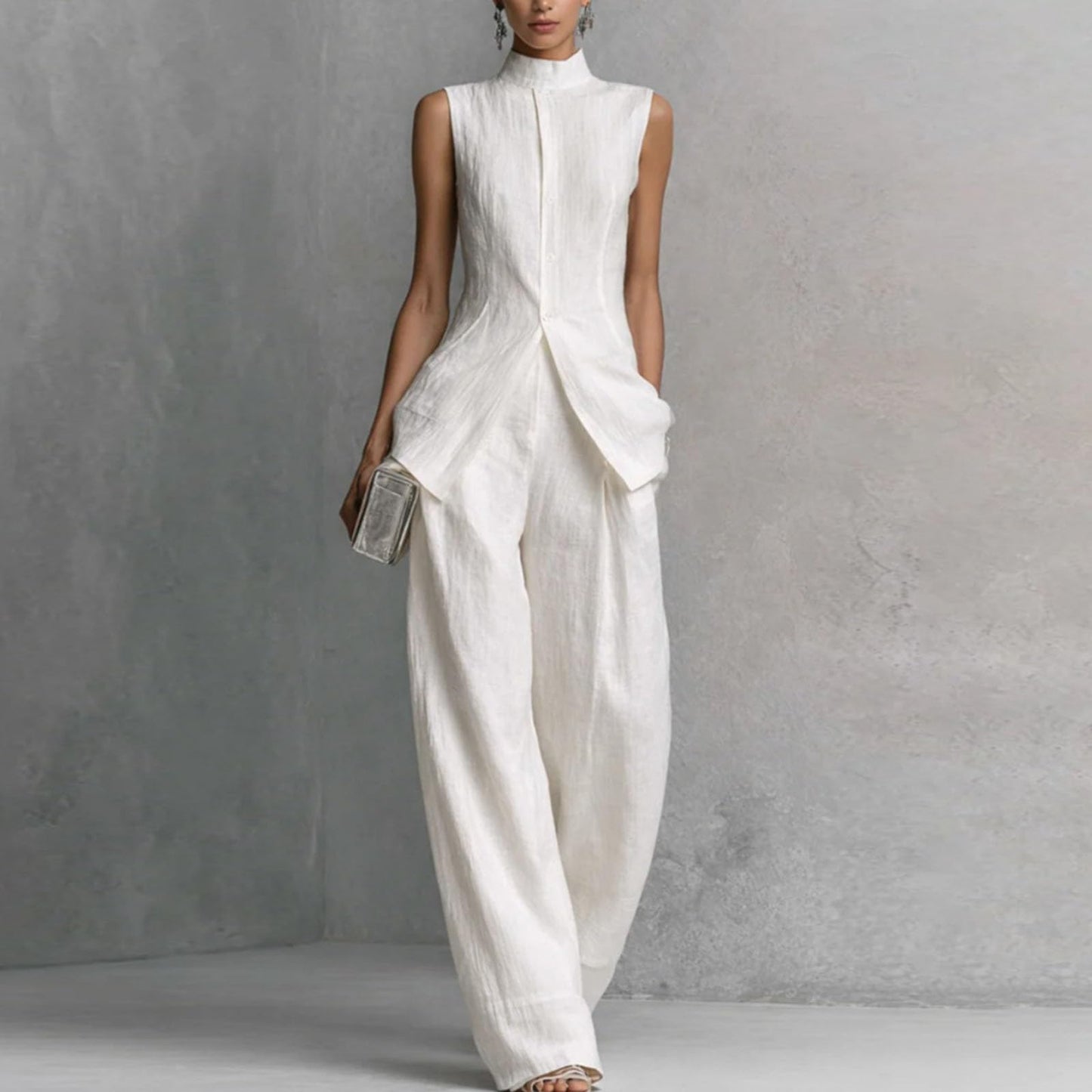 Linen Lounge sets for women, Stand Collar Sleeveless Top and Baggy Wide Leg Pants, Casual Business 2 Piece Set