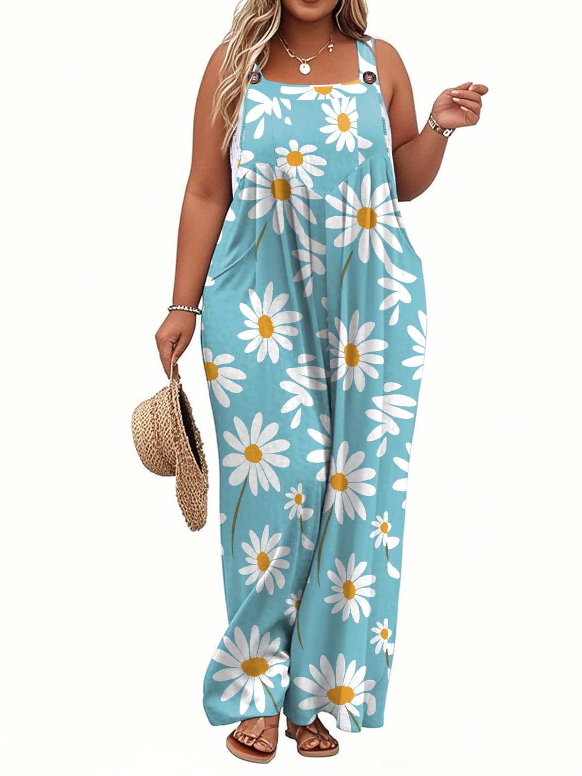 TAKEYAL Women's Plus Size Jumpsuit Overalls Wide Leg Casual Summer Rompers Adjustable Loose Fit Jumpsuits With Pockets 2026