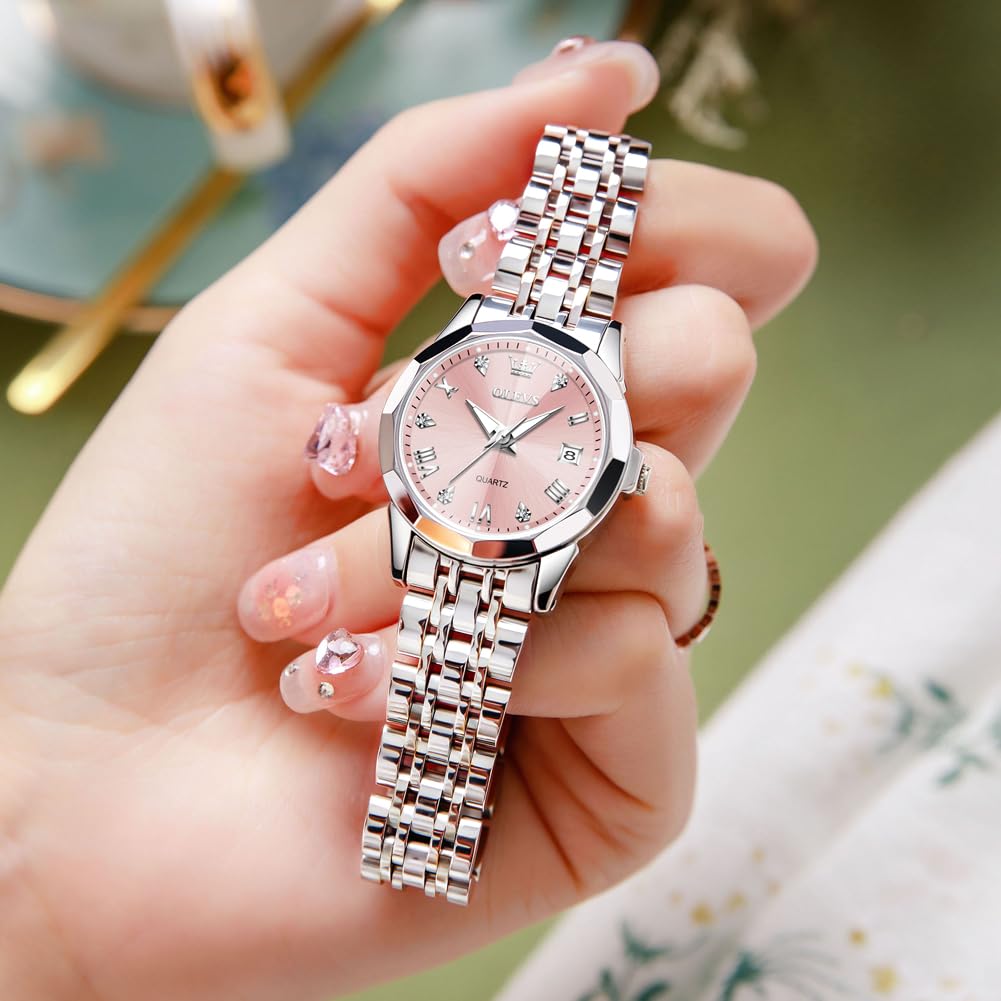 OLEVS Watches Women with Date Silver Stainless Steel Luxury Ladies Watches with Small Writs Diamond Watches for Women Waterproof Elegant Dress Quartz Analog Women's Wrist Watches Reloj de Mujer