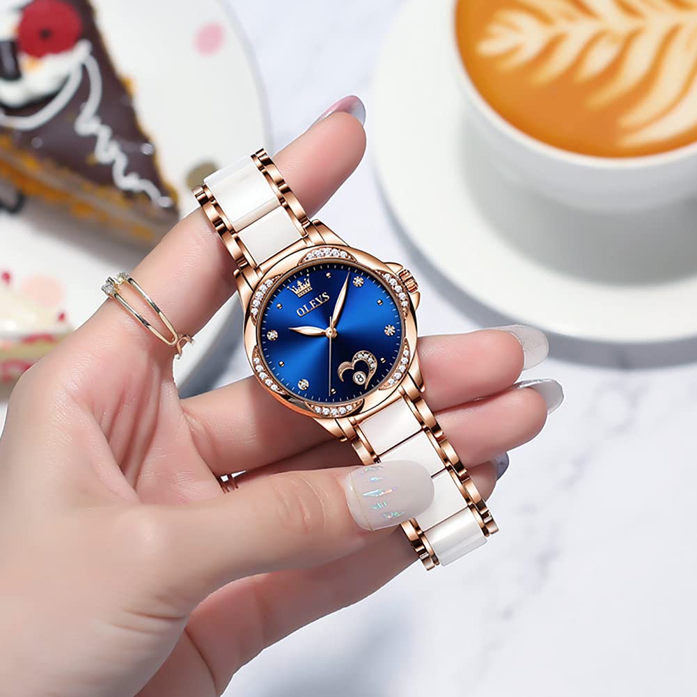 OLEVS Automatic Watches for Women Rose Gold Fashion Diamond Dress Ladies Wrist Watch Self Winding Mechanical Two Tone Ceramic Band Waterproof