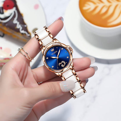 OLEVS Automatic Watches for Women Rose Gold Fashion Diamond Dress Ladies Wrist Watch Self Winding Mechanical Two Tone Ceramic Band Waterproof