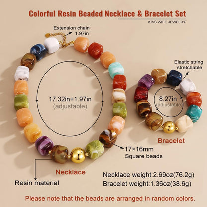 KISS WIFE Colorful Necklace and Bracelet Set for Women, Summer Beach Jewelry, Chunky Resin Square Beaded Choker Necklace, Stretch Acrylic Cube Bead Bracelet, Trendy Dopamine Dressing Jewelry Set