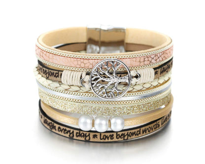 Fesciory Leopard Bracelet for Women, Boho Leather Wrap Multi-Layer Pearl Crystal Bracelet Bangle Jewelry