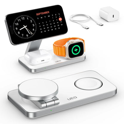 UEQ Foldable 3 in 1 Wireless Charging Station for Apple Magsafe Charger Stand,Fast Magnetic Wireless Charger Station for iPhone 17 Air 16 15 14 13 12 Series,Airpods Pro,Apple Watch Ultra (Pure Black)