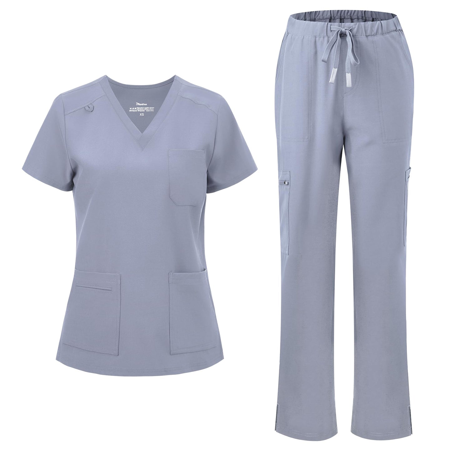 floralhue Scrubs for Women, V-Neck Straight Leg Pants with 12 Pockets | Slit Hem Cargo Pant Storage, Yoga Waistband, Water Resistance, For Nurses, Clinics, Long Shifts, Daily Medical Uniforms