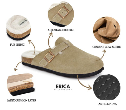 Erica Women's Cork Footbed Clogs Genuine Soft Suede Fuzzy Faux Fur Lined Comfort Cushioned Mule Slide Shoes