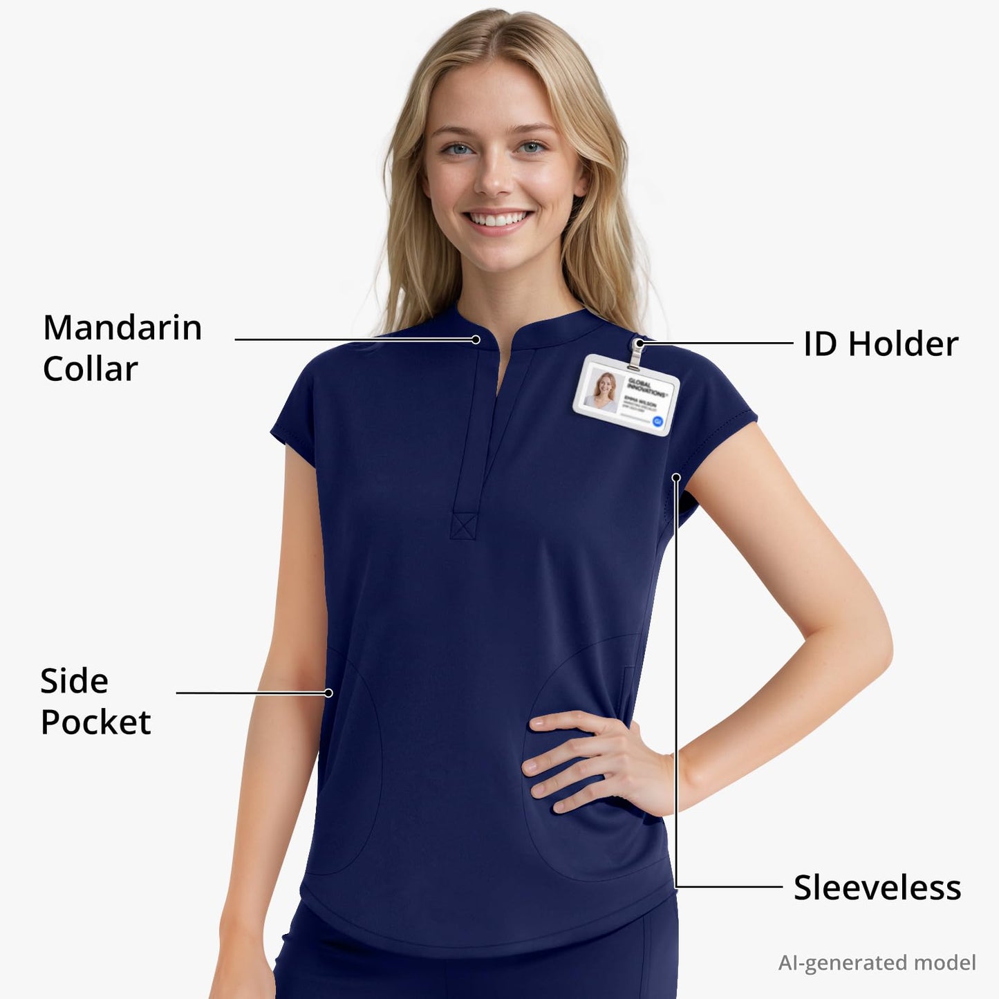 Scrubs for Women Set, Sleeveless 9-Pocket Straight Leg Yoga Waist | Stand-up collar top, straight leg pants side slits. Soft stretch knit. Yoga waist. Wrinkle-free. For nurses/docs/vets.