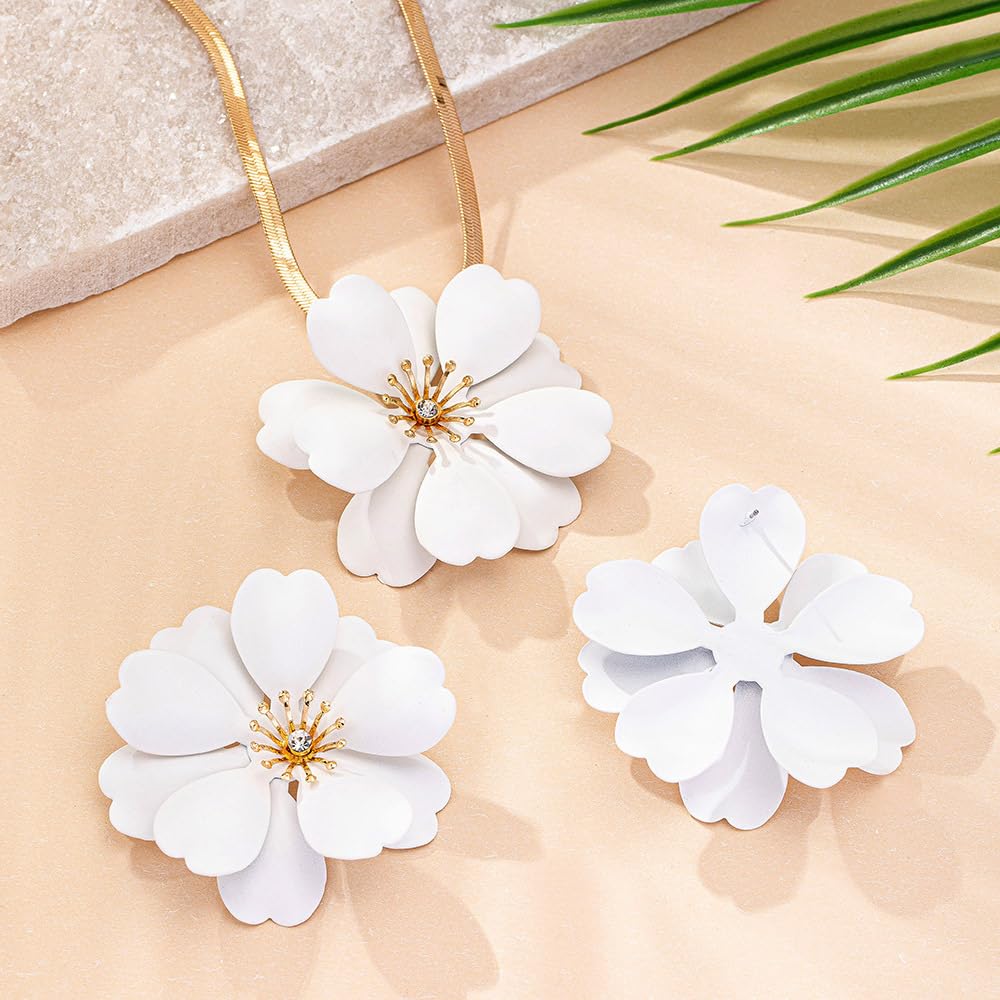 Vintage Flower Necklace Earring Set Gold Snake Chain Necklace Bohemian Red Flowers Choker Necklaces Hypoallergenic Statement Flower Stud Earrings Elegant Bridal Wedding Summer Beach Jewelry