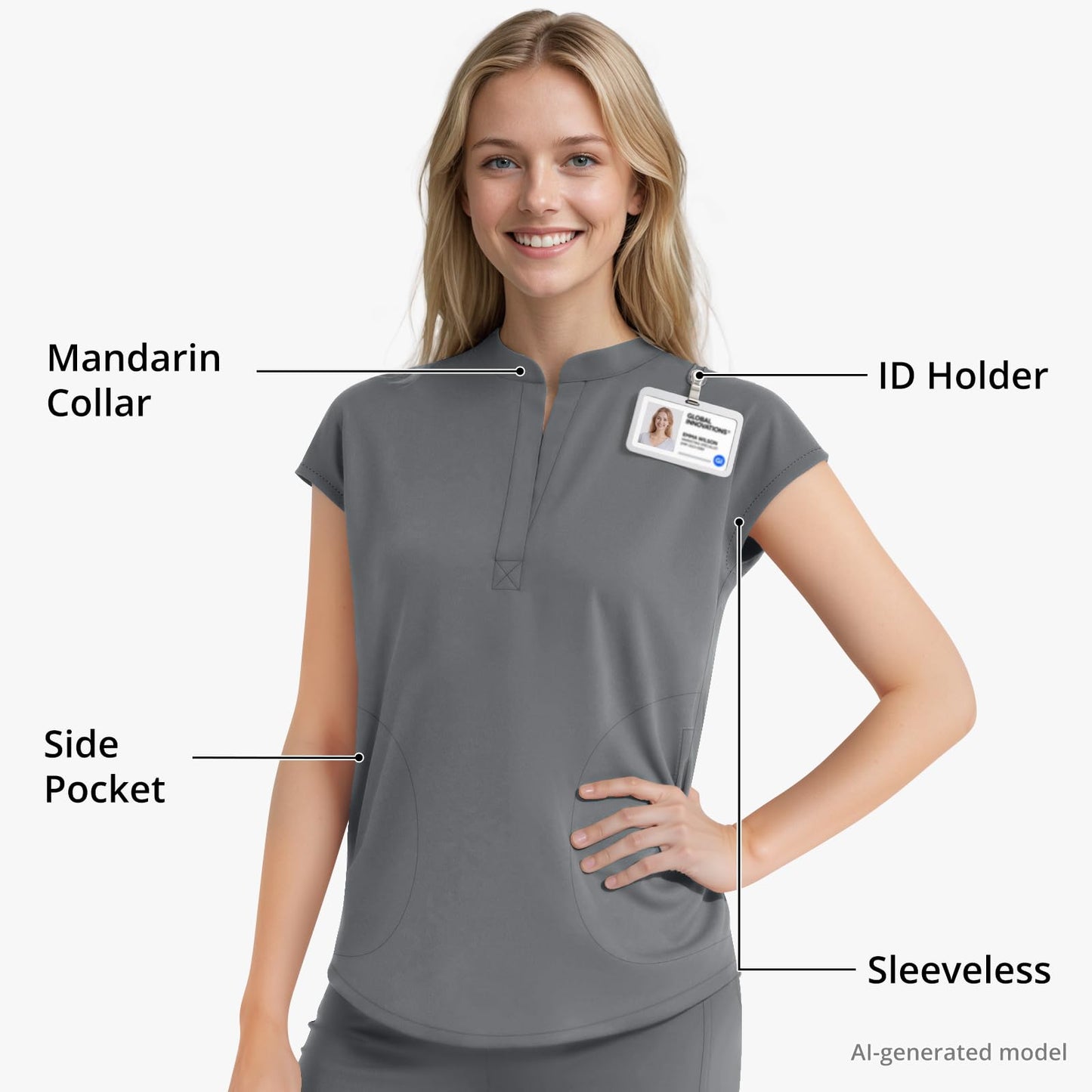 Scrubs for Women Set, Sleeveless 9-Pocket Straight Leg Yoga Waist | Stand-up collar top, straight leg pants side slits. Soft stretch knit. Yoga waist. Wrinkle-free. For nurses/docs/vets.