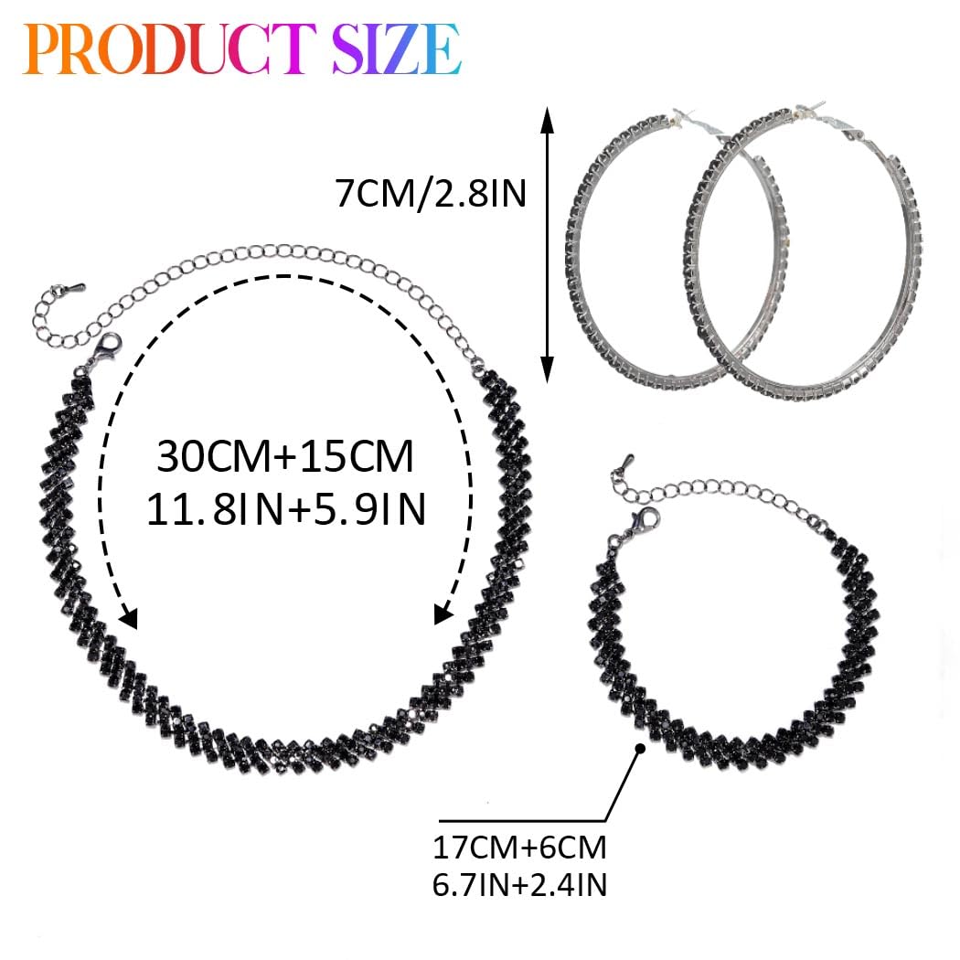 Unicra Black Jewelry Sets Rhinestone Necklace Hoop Earrings Bracelet Set Prom Formal Sparkly Costume Jewelry Sets for Women