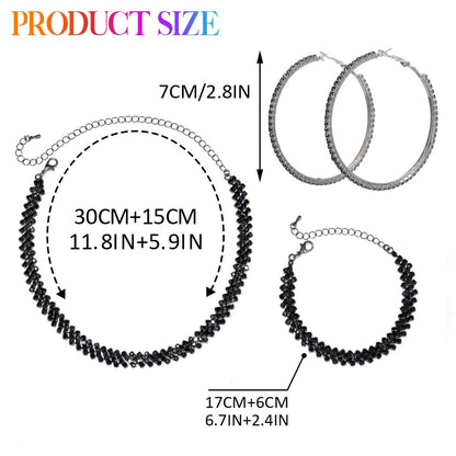Unicra Black Jewelry Sets Rhinestone Necklace Hoop Earrings Bracelet Set Prom Formal Sparkly Costume Jewelry Sets for Women