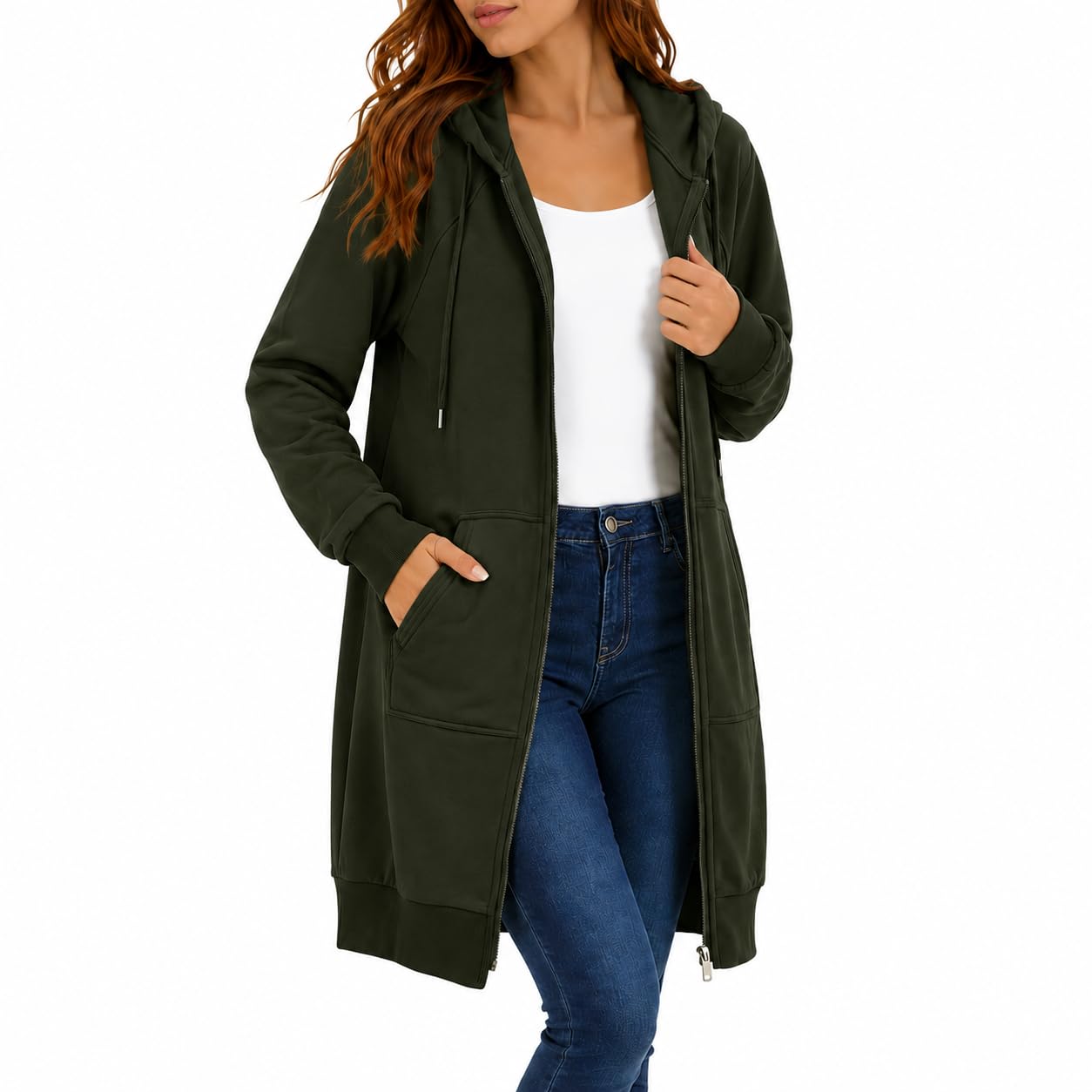 Womens Long Zip Up Hoodie Jacket Casual Open Front Tunic Sweatshirt with Pockets Fleece Lightweight Fall Winter Coat