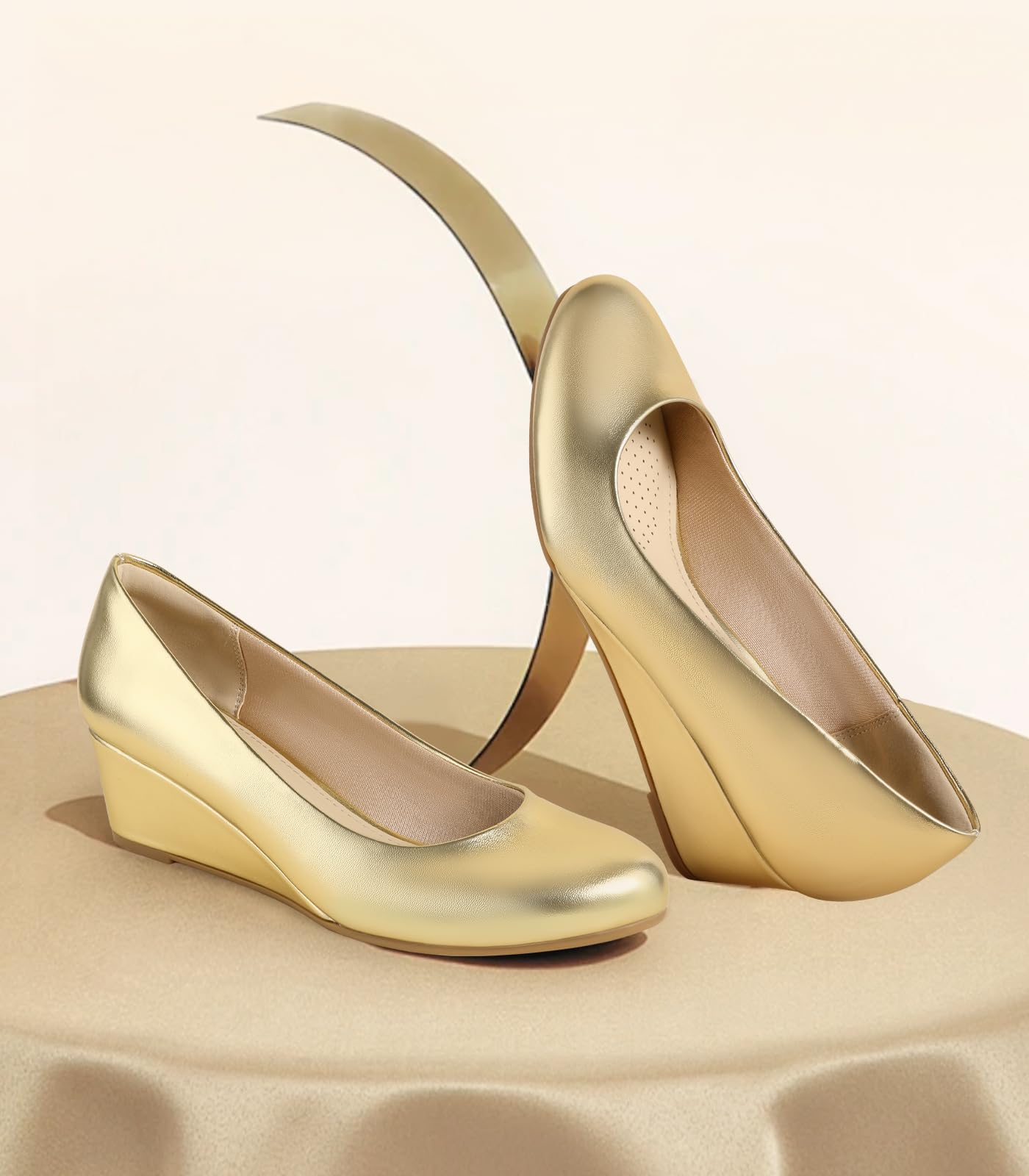 Ankis Black Nude Silver Gold Wedges for Women, Low Heel Women's Wedge Comfortable Closed Toe Women Pumps Dress Shoes -2Inch