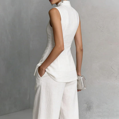 Linen Lounge sets for women, Stand Collar Sleeveless Top and Baggy Wide Leg Pants, Casual Business 2 Piece Set