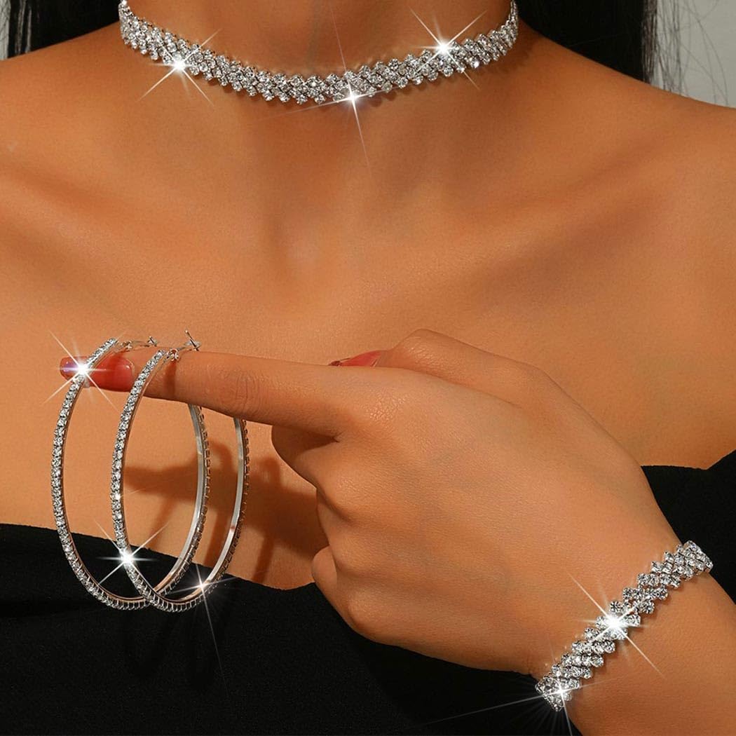 Unicra Black Jewelry Sets Rhinestone Necklace Hoop Earrings Bracelet Set Prom Formal Sparkly Costume Jewelry Sets for Women