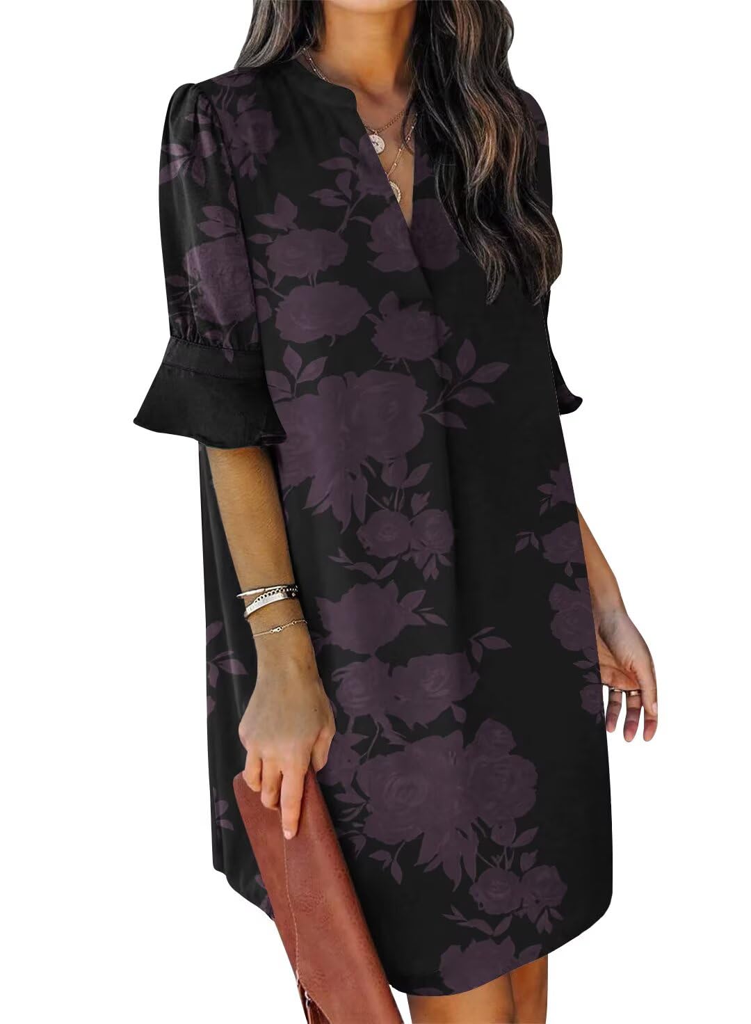 QACOHU Womens Summer Casual V Neck Shift Mini Dress | Flowy Swing Basic Loose Dresses, Ruffle Short Sleeve, Straight, Floral Boho Style, Wedding Guest Beach Vacation Outfits
