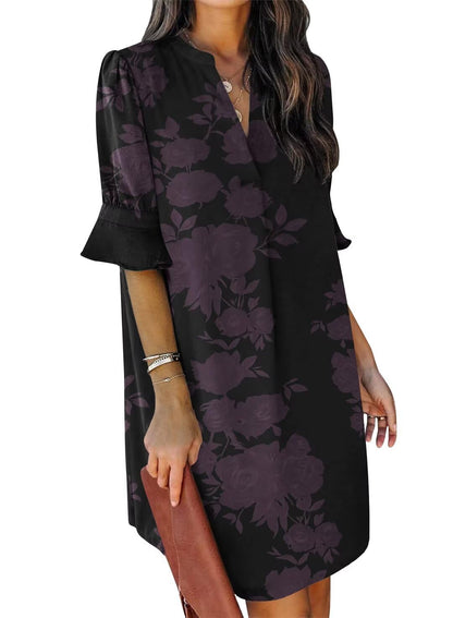 QACOHU Womens Summer Casual V Neck Shift Mini Dress | Flowy Swing Basic Loose Dresses, Ruffle Short Sleeve, Straight, Floral Boho Style, Wedding Guest Beach Vacation Outfits