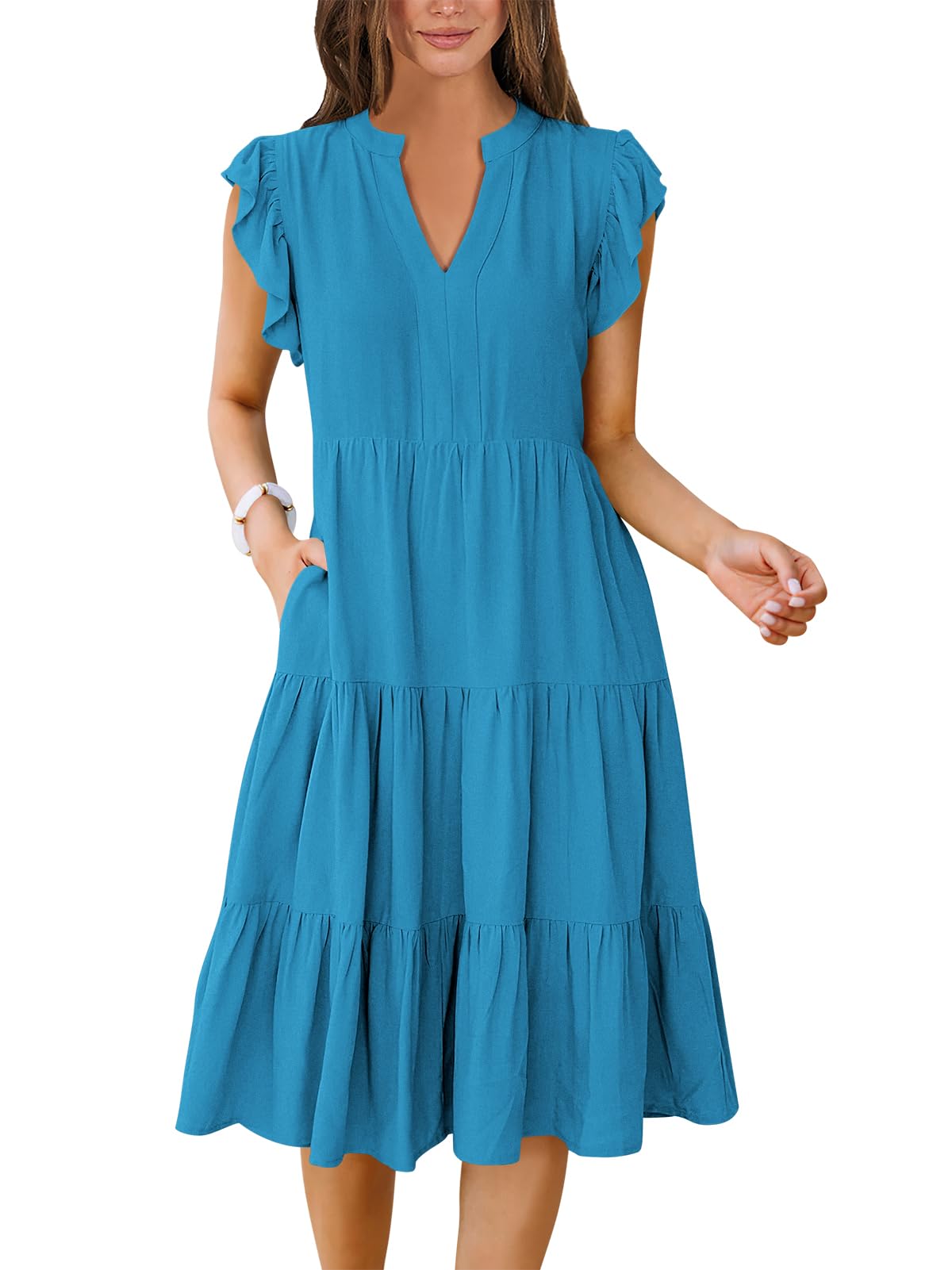 ANRABESS Womens Summer Dress Ruffle Sleeve V Neck Midi Dresses Fashion Casual Fit Flowy Tiered Boho Beach Vacation Sundress