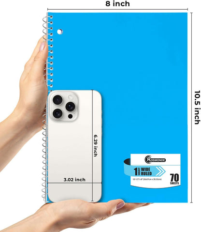 Rosmonde Spiral Notebooks, 12 Pack, 1 Subject Notebook, Wide Ruled, 70 Sheets, 8 x 10-1/2", 3 Hole Punched, School Supplies, Bulk Single Subject Spiral Notebook Bulk, Assorted Colors Pack of Notebooks