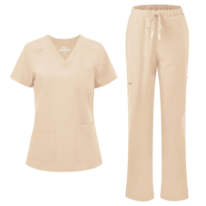 floralhue Scrubs for Women, V-Neck Straight Leg Pants with 12 Pockets | Slit Hem Cargo Pant Storage, Yoga Waistband, Water Resistance, For Nurses, Clinics, Long Shifts, Daily Medical Uniforms