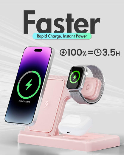 GETPALS Wireless Charger iPhone Charging Station for Apple Multiple Devices | 3 in 1 Charger Stand for iPhone 17 Pro Max 17e 16 16e 15 14 13 12 & Watch Series 11-2 SE Ultra & Airpods 4 3 Pro, Black