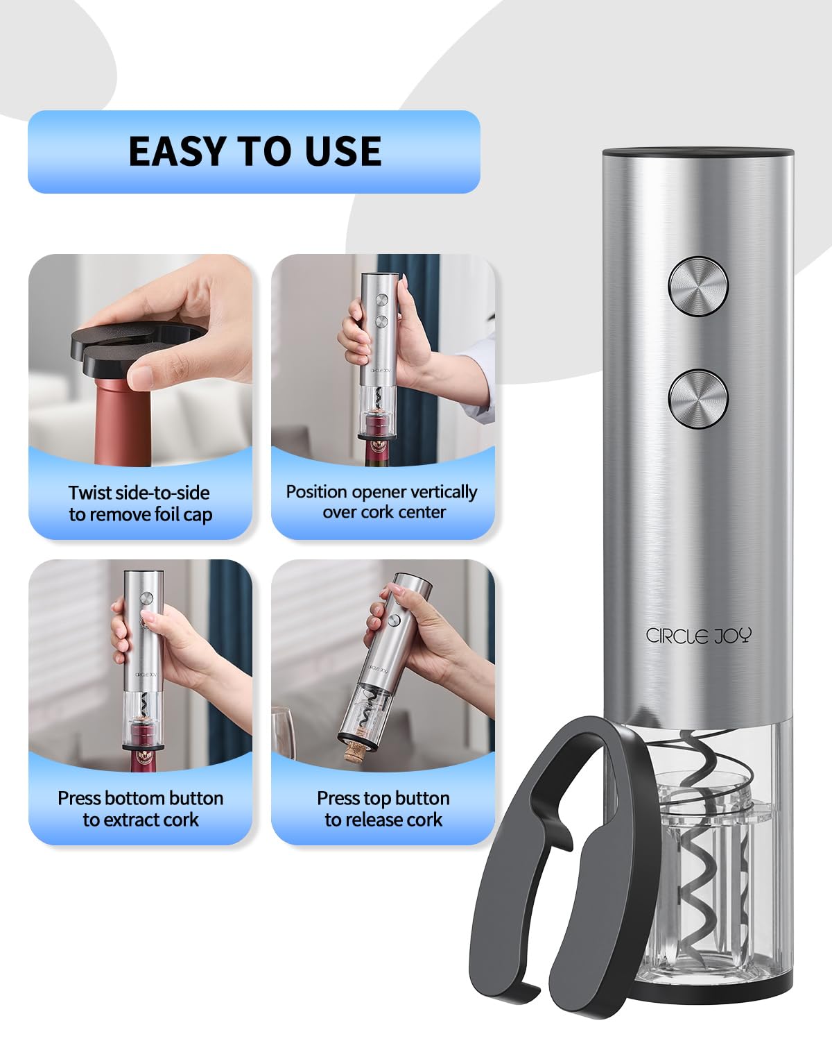 CIRCLE JOY Electric Wine Opener Rechargeable 5-in-1 Stainless Steel Wine Gift Set with Foil Cutter, Wine Aerator Pourer, Wine Drip Ring & Vacuum Stopper, Ideal Gifts for Wine Lovers, Silver