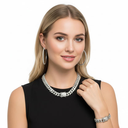 Batiyeer 3 Pcs Cuban Link Chain Necklace Bracelet Rhinestone Hoop Earrings Bling Crystal Hip Hop Jewelry for Women(18 Inch,Gold)