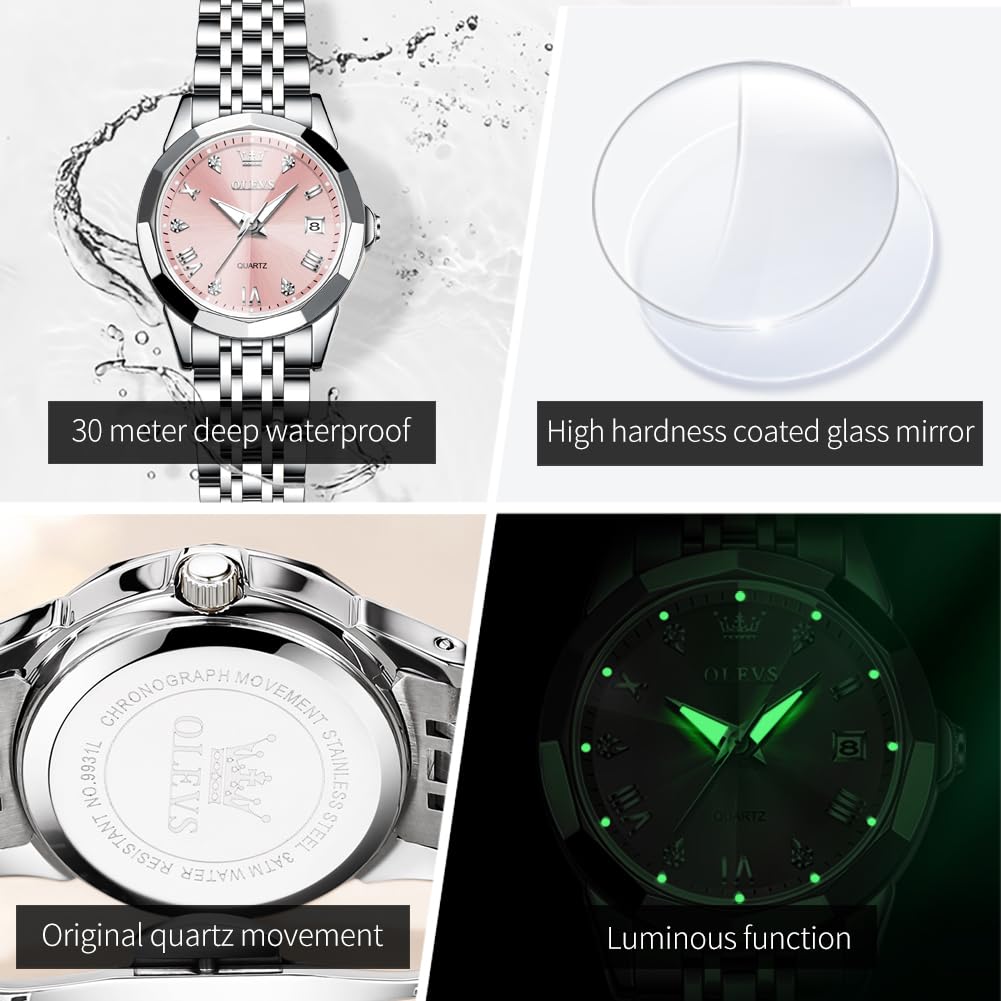 OLEVS Watches Women with Date Silver Stainless Steel Luxury Ladies Watches with Small Writs Diamond Watches for Women Waterproof Elegant Dress Quartz Analog Women's Wrist Watches Reloj de Mujer