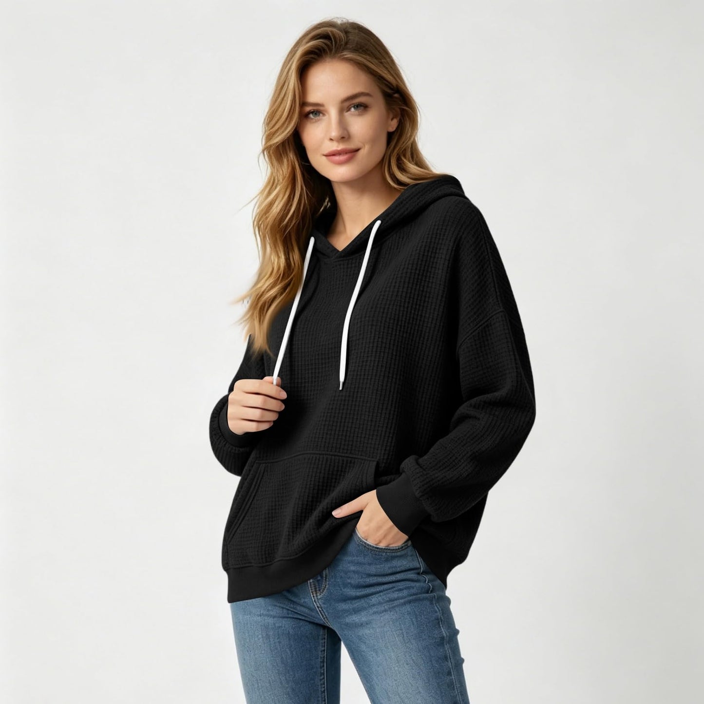 Women Casual Waffle Grid Textured Pullover Hoodie Contrast Drawstring Pocket Loose Long Sleeve Sweatshirts