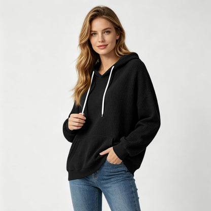 Women Casual Waffle Grid Textured Pullover Hoodie Contrast Drawstring Pocket Loose Long Sleeve Sweatshirts