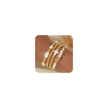 14K Gold Plated Pearl Beaded Cross Bracelets Stack Set for Women,Stretch Boho Colorful Christian Beads Ball Jewelry Friendship Summer Trendy Gift