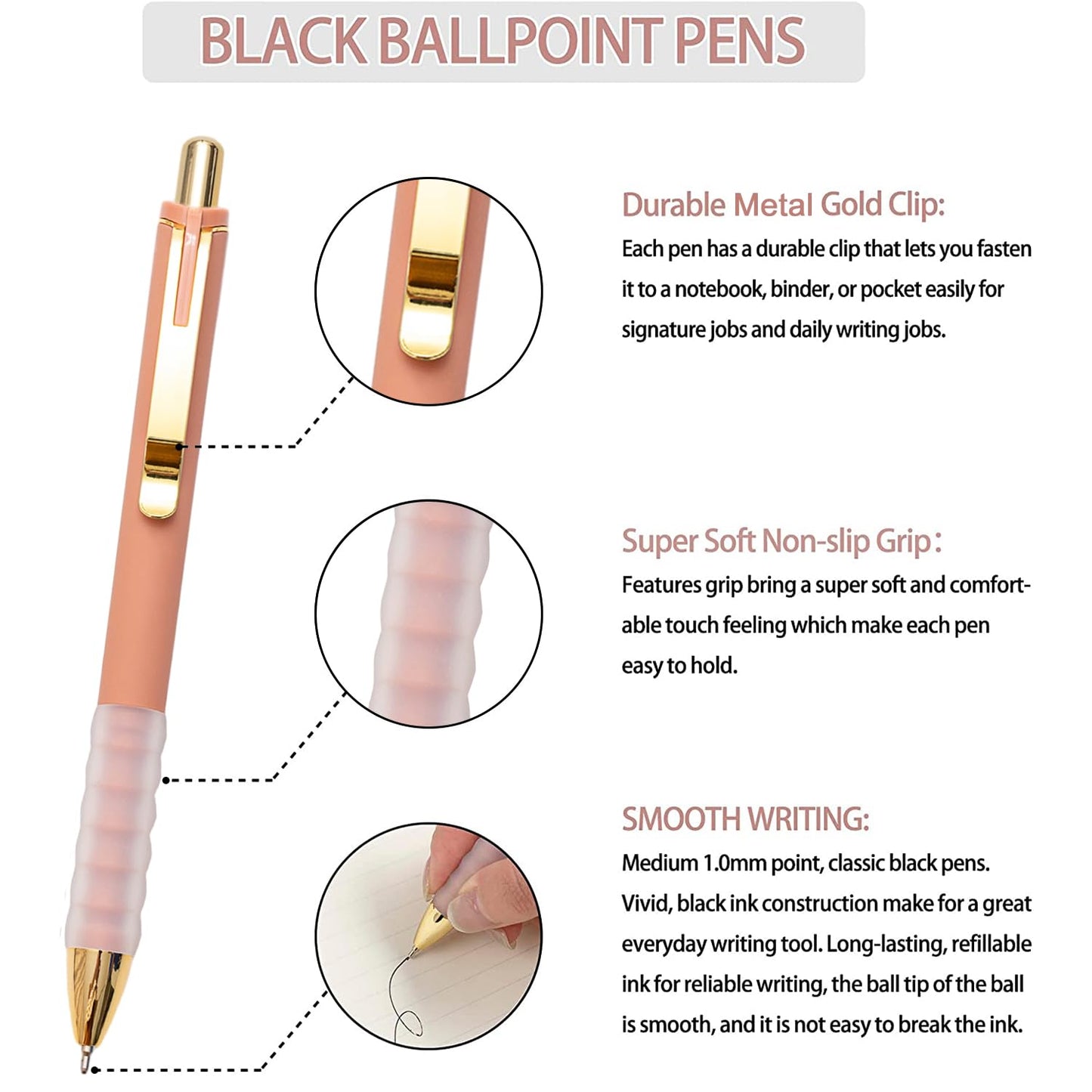 Linbsunne Ballpoint Pens Black Medium Point 1mm with Super Soft Grip Ball Point Pen for Men Women Retractable(style2, 12 pcs)
