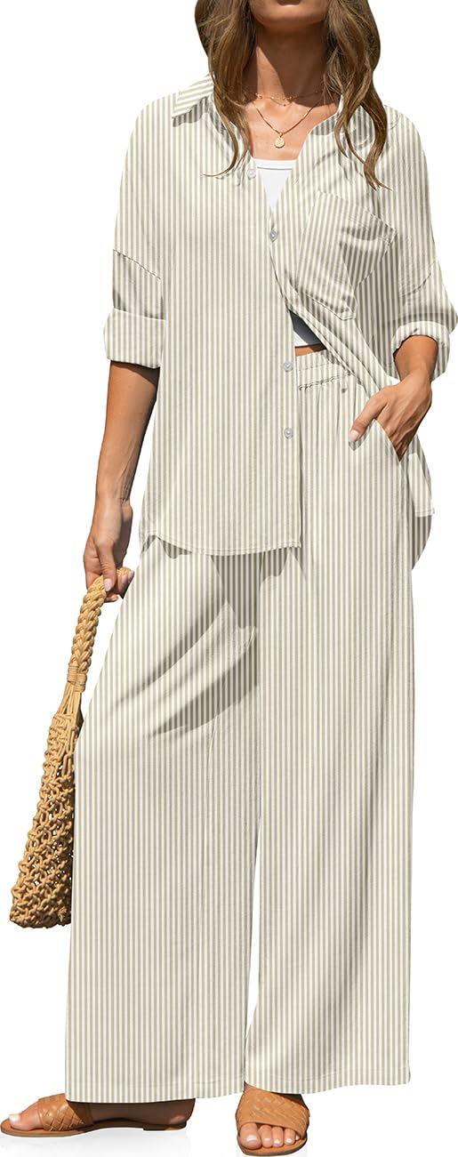 TARSE Womens Linen 2 Piece Outfits Casual Lounge Sets | Long Sleeve, Button Down Shirt and Wide Leg Pants, loose fit linen, vacation outfits with Pockets
