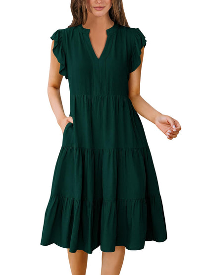 ANRABESS Womens Summer Dress Ruffle Sleeve V Neck Midi Dresses Fashion Casual Fit Flowy Tiered Boho Beach Vacation Sundress