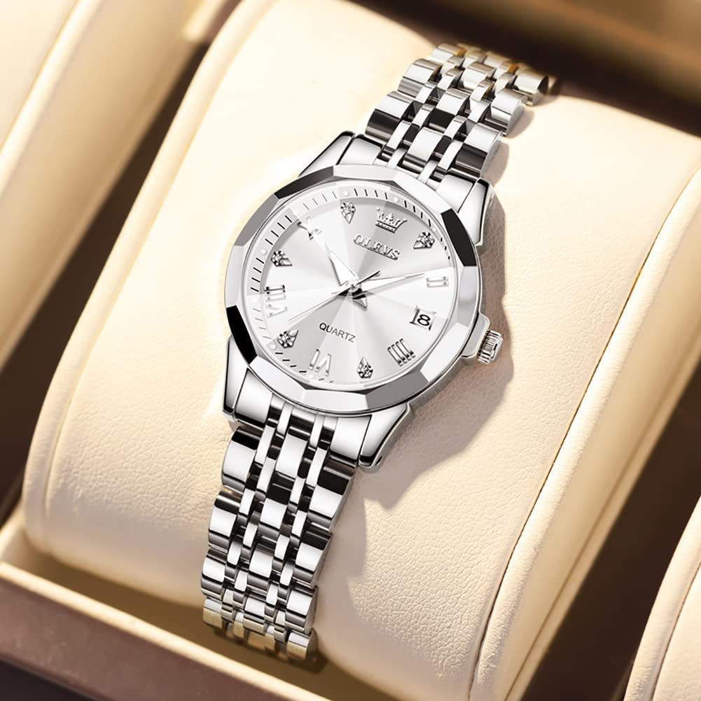 OLEVS Watches Women with Date Silver Stainless Steel Luxury Ladies Watches with Small Writs Diamond Watches for Women Waterproof Elegant Dress Quartz Analog Women's Wrist Watches Reloj de Mujer