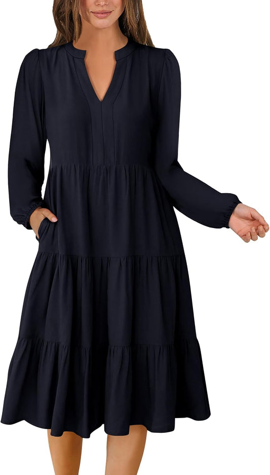 ANRABESS Womens V Neck Long Sleeve Midi Dress | Swing Flowy Tiered with Pockets, Soft Fabric, Boho Beach Vacation Dresses, Loose Fit Casual, Fall Winter Transition Clothes