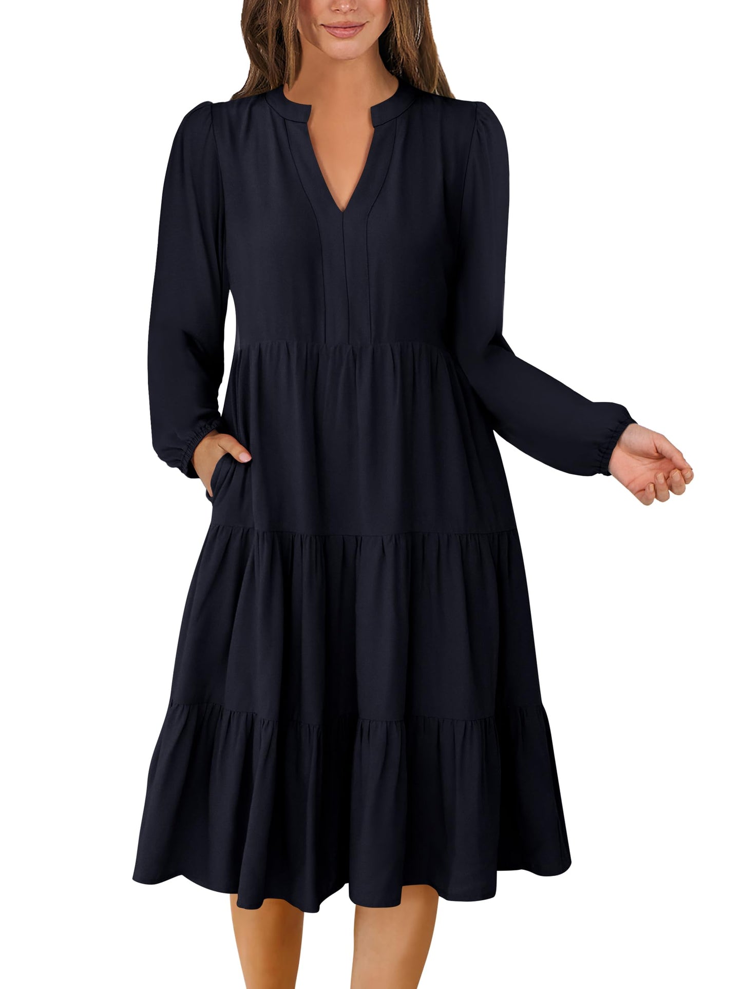 ANRABESS Womens V Neck Long Sleeve Midi Dress | Swing Flowy Tiered with Pockets, Soft Fabric, Boho Beach Vacation Dresses, Loose Fit Casual, Fall Winter Transition Clothes