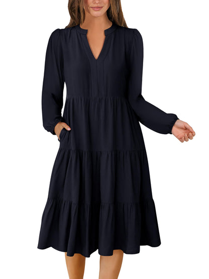 ANRABESS Womens V Neck Long Sleeve Midi Dress | Swing Flowy Tiered with Pockets, Soft Fabric, Boho Beach Vacation Dresses, Loose Fit Casual, Fall Winter Transition Clothes