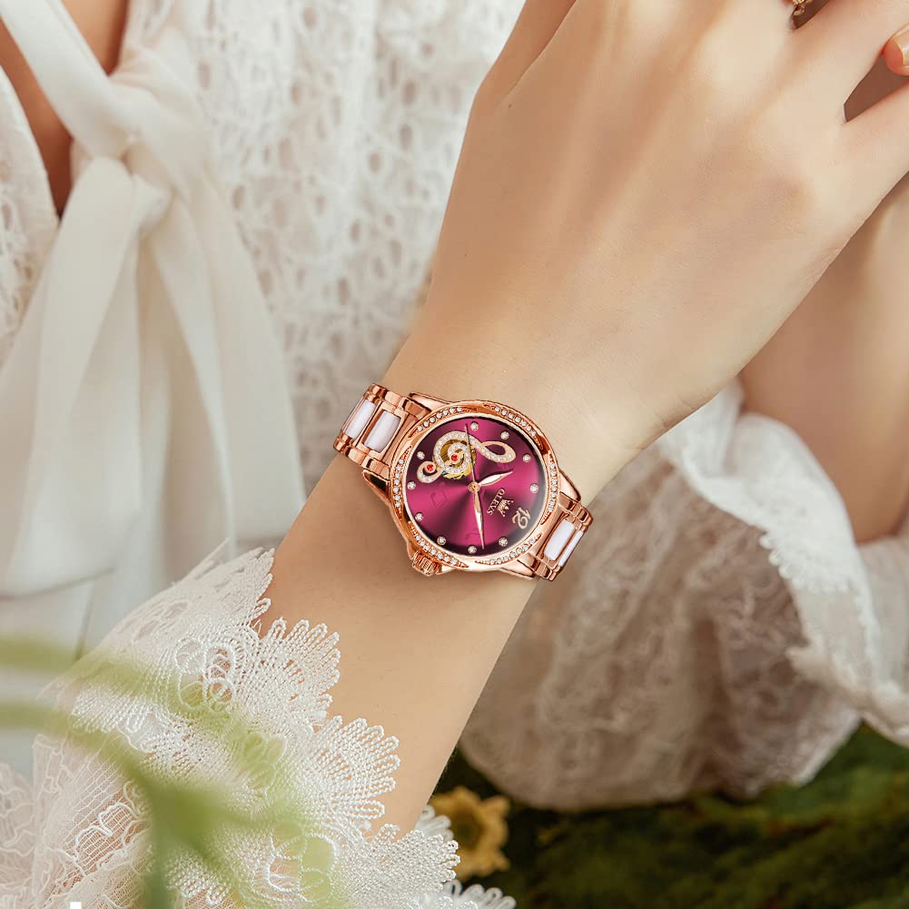 OLEVS Automatic Watches for Women Rose Gold Fashion Diamond Dress Ladies Wrist Watch Self Winding Mechanical Two Tone Ceramic Band Waterproof