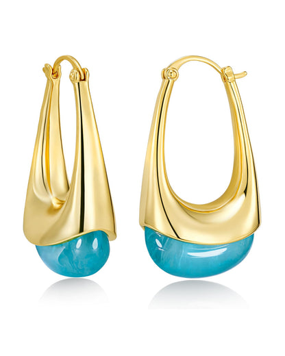 SNGIA Long Oval Chunky Dangle 18K Gold Plated Hoops with Colored Resin Gemstone Statement Earrings for Women, (Green, Brown, Light blue, Dark Blue), Bold Drop Handmade Exaggerated Irregular Trendy Bohemian Jewelry Gifts, Unique Dangling Teardrop Baroque S